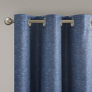 Elevate your decor with the modern style and function of our SunSmart Como Tonal Printed Faux Silk Total Blackout Panel Pair. This blackout curtain pair flaunts a tonal blue hue on a faux silk textured fabric that creates a beautiful and rich modern look. Also achieving the OEKO-TEX certification, these curtains do not contain any harmful substances or chemicals ensuring quality comfort and wellness. Each panel features a heavyweight light grey foamback on the reverse making it 100% total blackout, blocking out all outside light, noise, and intrusion for the highest level of privacy. Using thermal technology, the total blackout curtain also helps provide maximum energy savings by keeping your room the perfect temperature throughout the year. Easily hang, open, and close panels throughout the day with the silver grommet top finish; this total blackout window panel pair is perfect for use in bedrooms, media rooms, or any private space providing a pitch black ambiance lighting level when curtains are fully closed.Imported | Modern contemporary tonal printed faux silk textured base curtain panel pair | Silver grommet top that will fit up to 1.25 inches rod in diameter | Added light gray heavyweight 2pass foamback lining for 100% total blackout | 100% total blackout provides maximum barrier to block out all exterior light and noise intrusion | Energy efficient with thermal technology for maximum energy savings and high level of privacy | Oeko-tex certified, includes no harmful substances or chemicals (#20.hcn.14341) | Provides a pitch black ambiance for lighting level when curtains are completely closed, making it perfect for any bedrooms, media rooms, any private spaces | Panel pair is available in 63, 84 or 95 inches length | Machine washable for easy care