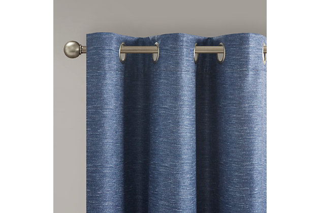 Elevate your decor with the modern style and function of our SunSmart Como Tonal Printed Faux Silk Total Blackout Panel Pair. This blackout curtain pair flaunts a tonal blue hue on a faux silk textured fabric that creates a beautiful and rich modern look. Also achieving the OEKO-TEX certification, these curtains do not contain any harmful substances or chemicals ensuring quality comfort and wellness. Each panel features a heavyweight light grey foamback on the reverse making it 100% total blackout, blocking out all outside light, noise, and intrusion for the highest level of privacy. Using thermal technology, the total blackout curtain also helps provide maximum energy savings by keeping your room the perfect temperature throughout the year. Easily hang, open, and close panels throughout the day with the silver grommet top finish; this total blackout window panel pair is perfect for use in bedrooms, media rooms, or any private space providing a pitch black ambiance lighting level when curtains are fully closed.Imported | Modern contemporary tonal printed faux silk textured base curtain panel pair | Silver grommet top that will fit up to 1.25 inches rod in diameter | Added light gray heavyweight 2pass foamback lining for 100% total blackout | 100% total blackout provides maximum barrier to block out all exterior light and noise intrusion | Energy efficient with thermal technology for maximum energy savings and high level of privacy | Oeko-tex certified, includes no harmful substances or chemicals (#20.hcn.14341) | Provides a pitch black ambiance for lighting level when curtains are completely closed, making it perfect for any bedrooms, media rooms, any private spaces | Panel pair is available in 63, 84 or 95 inches length | Machine washable for easy care
