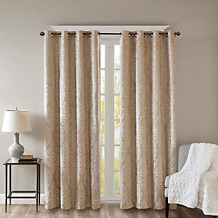 Give your home the lavish style and energy efficiency it deserves with our SunSmart Mirage Knitted Jacquard Total Blackout Panel. This elegant window panel flaunts a knitted jacquard damask design in a rich champagne hue, creating a luxurious sheen and texture. The heavyweight fabric features a foam-back and bonding finish that blocks out all sunlight and provides a maximum protective barrier against noise intrusion. With 100% total blackout properties, this window panel offers a maximum level of privacy and energy savings, which makes it perfect for bedrooms, media rooms, or any private spaces. A gunmetal grommet top detail completes the look, while also making it easy to hang, open, and close the window panel throughout the day. Fits up to a 1.25” diameter rod. Lighting level: Pitch Black Ambiance.Imported | Total blackout grommet top curtain panel in knitted jacquard damask design | Heavy weight fabric in foamback bonding finish on the reverse side | Block out all sunlight and exterior light | Silver grommet top that fits up to 1.25 inches rod in diameter | Maximum level of privacy, energy saving and block noise intrusion | Great for bedroom, media room or any private space | Need to purchase 2 curtain panels for each window | Machine washable