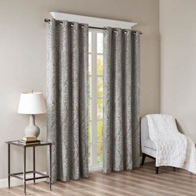 Elysia Knitted Jacquard Damask Total Blackout Grommet Top Curtain Panel, Charcoal