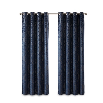 Elysia Knitted Jacquard Damask Total Blackout Grommet Top Curtain Panel, Navy