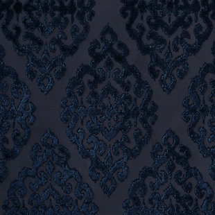 Give your home the lavish style and energy efficiency it deserves with the SunSmart Mirage Knitted Jacquard Total Blackout Panel. This elegant window panel flaunts a knitted jacquard damask design in a rich grey ground with navy burnout pattern, creating a luxurious sheen and texture. The heavyweight fabric features a foam-back and bonding finish that blocks out all sunlight and provides a maximum protective barrier against noise intrusion. With 100% total blackout properties, this window panel offers a maximum level of privacy and energy savings, which makes it perfect for bedrooms, media rooms, or any private spaces. A silver grommet top detail completes the look, while also making it easy to hang, open, and close the window panel throughout the day. Fits up to a 1.25” diameter rod. Lighting level: Pitch Black Ambiance.Imported | Total blackout grommet top curtain panel in knitted jacquard damask design | Heavy weight fabric in foamback bonding finish on the reverse side | Block out all sunlight and exterior light | Silver grommet top that fits up to 1.25 inches rod in diameter | Maximum level of privacy, energy saving and block noise intrusion | Great for bedroom, media room or any private space | Need to purchase 2 curtain panels for each window | Machine washable