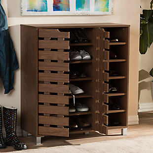 Baxton Studio Shirley 2-Door Shoe Cabinet with Open Shelves, Walnut Brown, rollover