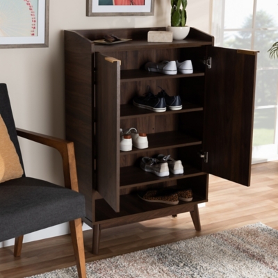 Designer Studios Shirley Modern and Contemporary Walnut Medium Brown Wood  2-Door Shoe Cabinet with Open Shelves