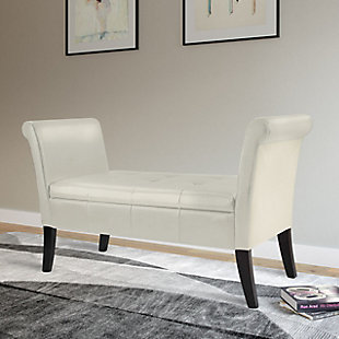 CorLiving Antonio Scrolled Leather Storage Bench, Cream, rollover