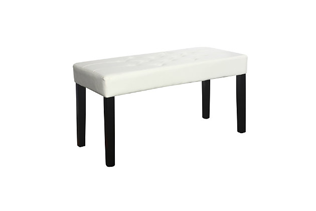 Enjoy this entryway bench which offers plenty of extra seating space for your home. Featuring a foam padded surface finished with top stitching and stylish tufting, this multi-functional seat is easy to wipe clean with a damp cloth providing a practical solution for entryways, living rooms or bedrooms alike. The leatherette upholstery is complemented by stained Parson style legs to instantly elevate the look of any space.Made of wood, faux leather and foam | Foam-filled seat | Tufted design | Wood frame and legs with dark stain finish | Imported | Assembly required