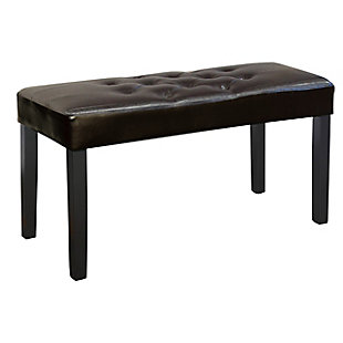 Enjoy this entryway bench which offers plenty of extra seating space for your home. Featuring a foam padded surface finished with top stitching and stylish tufting, this multi-functional seat is easy to wipe clean with a damp cloth providing a practical solution for entryways, living rooms or bedrooms alike. The leatherette upholstery is complemented by stained Parson style legs to instantly elevate the look of any space.Made of wood, faux leather and foam | Foam-filled seat | Tufted design | Wood frame and legs with dark stain finish | Imported | Assembly required