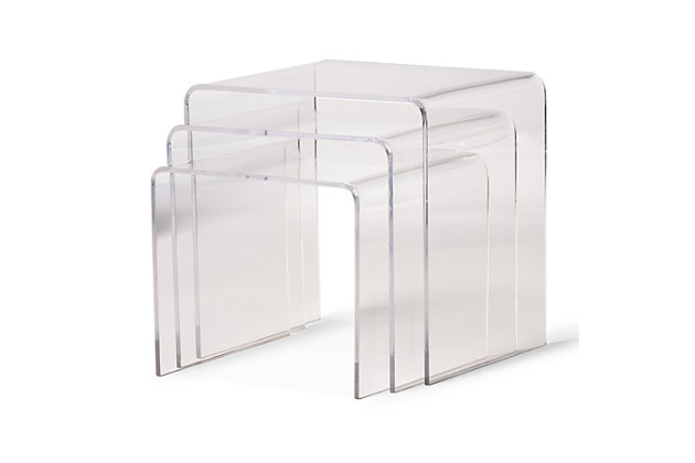 These three modern tables are small enough to fit into cramped spaces, yet still offer plenty of surface space for display and storage (thanks to the 3-table nesting feature). The acrylic table material is sturdy and durable. Whether placed separately or together, you can arrange this set any way that works best for your unique space. Sold as a complete set of three tables.Set of 3 nesting tables | Made of acrylic and resin | Each table is 13" deep and 5/16" thick  | Smallest table is 13.75" wide and 12" tall | Medium table is 15" wide and 14" tall  | Largest table is 16" wide and 16" tall  | Imported
