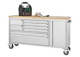 Keep your garage neat with this mobile workbench. Designed to ensure toughness and structural integrity, it features a steel construction, ideal for both professional tradesman and DIYers. This high-quality workbench has adjustable shelves for ultimate customization and eight drawers providing plenty of storage for all of your tools. This workbench with a center locking system, utilizes swivel casters and features two push handles for comfortably moving the unit wherever it is needed.Made of stainless steel, rubberwood and aluminum | Fingerprint resistant stainless steel finish | Butcher block top | 8 smooth-gliding drawers | Pre-cut drawer and shelf liners | Single cabinet with adjustable shelf | Center locking system | Total weight capacity 2,220 pounds on wheels (evenly distributed) | Casters for easy mobility (2 locking; 2 non-locking) | Aluminum drawer pulls with chrome-tone finish | Stainless steel push handles | Minor assembly required