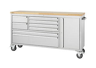 Keep your garage neat with this mobile workbench. Designed to ensure toughness and structural integrity, it features a steel construction, ideal for both professional tradesman and DIYers. This high-quality workbench has adjustable shelves for ultimate customization and eight drawers providing plenty of storage for all of your tools. This workbench with a center locking system, utilizes swivel casters and features two push handles for comfortably moving the unit wherever it is needed.Made of stainless steel, rubberwood and aluminum | Fingerprint resistant stainless steel finish | Butcher block top | 8 smooth-gliding drawers | Pre-cut drawer and shelf liners | Single cabinet with adjustable shelf | Center locking system | Total weight capacity 2,220 pounds on wheels (evenly distributed) | Casters for easy mobility (2 locking; 2 non-locking) | Aluminum drawer pulls with chrome-tone finish | Stainless steel push handles | Minor assembly required