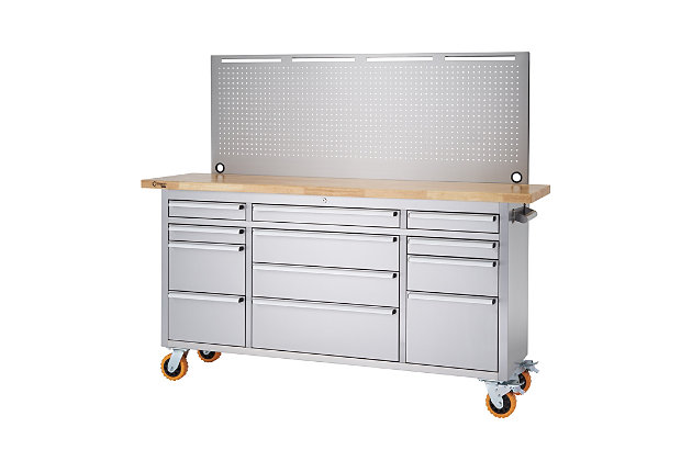 This rolling workbench is the premiere tool storage solution for any professional working in an industrial or commercial environment. The heavy-duty stainless steel construction provides the strength and durability to handle the toughest jobs. Equipped with a solid rubberwood top designed with overhang on both sides to mount a vise and featuring ten drawers, flip-up stainless steel pegboard and storage bin set, this workbench has it all. The construction of this workbench is professional-grade and designed to meet the needs of experts who value high quality and remarkable craftsmanship.Made of stainless steel, rubberwood and aluminum | Fingerprint resistant stainless steel finish | Butcher block top | Stainless steel pegboard with 10 hooks | 2 pull-out work surfaces | 10 smooth-gliding drawers | Mixed bin set | Drawer liners | Center locking system | Total weight capacity 2,220 pounds on wheels (evenly distributed) | Stainless steel side handles | Aluminum drawer pulls with chrome-tone finish
