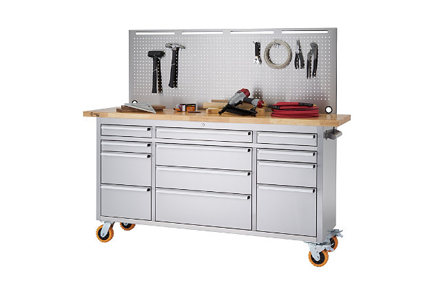 This rolling workbench is the premiere tool storage solution for any professional working in an industrial or commercial environment. The heavy-duty stainless steel construction provides the strength and durability to handle the toughest jobs. Equipped with a solid rubberwood top designed with overhang on both sides to mount a vise and featuring ten drawers, flip-up stainless steel pegboard and storage bin set, this workbench has it all. The construction of this workbench is professional-grade and designed to meet the needs of experts who value high quality and remarkable craftsmanship.Made of stainless steel, rubberwood and aluminum | Fingerprint resistant stainless steel finish | Butcher block top | Stainless steel pegboard with 10 hooks | 2 pull-out work surfaces | 10 smooth-gliding drawers | Mixed bin set | Drawer liners | Center locking system | Total weight capacity 2,220 pounds on wheels (evenly distributed) | Stainless steel side handles | Aluminum drawer pulls with chrome-tone finish