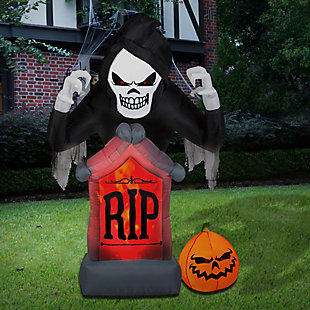 National Tree Company 6 ft. Inflatable Reaper with Tombstone, Fog Effects and LED Lights, , rollover