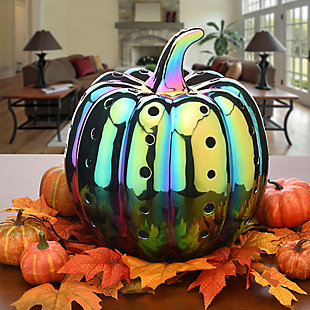 National Tree Company 12" LED Lit Iridescent Pumpkin Decor, Battery Operated, , rollover