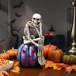 11" LED Lit Skeleton on Purple Galaxy Pumpkin, Battery Operated, , rollover