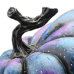 This tabletop Halloween decoration is constructed of poly-resin material and painted purple with a galaxy of stippled white stars. Squished and contorted, this pumpkin features an eerie, odd shape with a long knurled black stem. This unique decorative piece will be a cool and creepy addition to your seasonal trimming scheme. For indoor or covered outdoor display.Measures 10"l x 11"w x 6"h | Halloween-themed decoration | Constructed of ply-resin material | For indoor or covered outdoor display