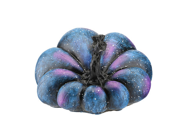 This tabletop Halloween decoration is constructed of poly-resin material and painted purple with a galaxy of stippled white stars. Squished and contorted, this pumpkin features an eerie, odd shape with a long knurled black stem. This unique decorative piece will be a cool and creepy addition to your seasonal trimming scheme. For indoor or covered outdoor display.Measures 10"l x 11"w x 6"h | Halloween-themed decoration | Constructed of ply-resin material | For indoor or covered outdoor display