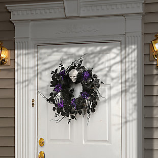 National Tree Company 24" Halloween Skull and Purple Flowers Wreath with Black Leaves, , rollover