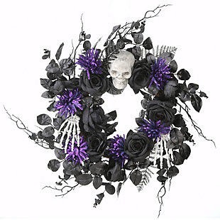 National Tree Company 24" Halloween Skull and Purple Flowers Wreath with Black Leaves, , large