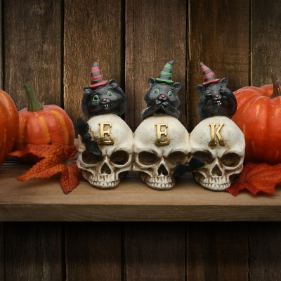 National Tree Company Polyresin EEK Skulls with Black Cats, , rollover