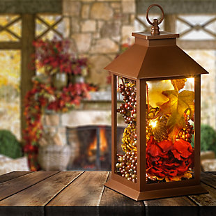 12" Autumn Decor-Filled Lantern with LED Lights, , rollover