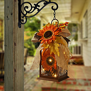 12" Decorated Autumn Lantern with Burlap Bow, Sunflowers and LED Light, , rollover
