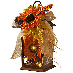 12" Decorated Autumn Lantern with Burlap Bow, Sunflowers and LED Light, , large