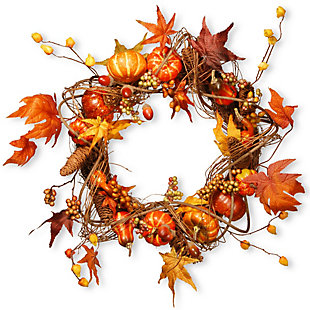National Tree Company 21" Wreath with Pumpkins and Maple Leaves, , large