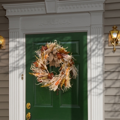 National Tree Company 24" Harvest Raffia Wreath with Maple Leaves, , rollover