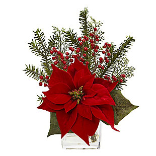 14" Poinsettia, Pine and Berries in Vase Artificial Arrangement, , rollover