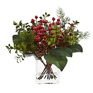12" Berry, Pine and Boxwood Artificial Arrangement, , rollover