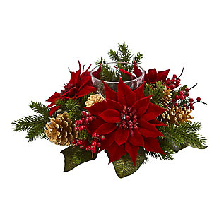14" Poinsettia, Berry and Golden Pine Cone Candelabrum Artificial Arrangement, , large