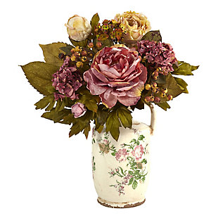 18" Peony Artificial Arrangement in Floral Pitcher, , large