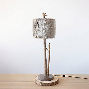 Creative Co-Op Resin Birch Branch Table Lamp With Bird & Faux Fur Shade, , rollover