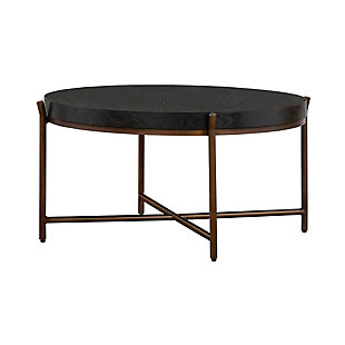 Update the decor of your home with the Sylvie brushed coffee table. The thick oak wood tabletop is wide and strong - capable of holding heavy ornamental objects or multiple personal items all at once. The round x-shape frame is built to carry an even amount of weight and can easily support the tabletop and any items placed on it. Put this in your living room, family room or bedroom - the possibilities are endless. The brushed black oak surface atop the bronze-tone base creates a chic look that is sure to last for many years to come.Made of oak wood and metal | Brushed black finish | X-shaped frame in bronze-tone finish | Simple to clean and easy to maintain; wipe clean | Assembly required