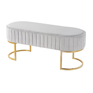 Glamorous and confidently contemporary: That's the Demi Pleated Bench by LumiSource. Featuring a geometric gold frame and an elegant velvet upholstered seat with vertical pleating, this bench can be used in an entryway or as extra seating. Available in various colors.Made with velvet fabric, metal, engineered wood and foam | Velvet upholstery | Padded seat | Sleek gold metal frame | Vertical pleating | Seats 2 comfortably | Contemporary/glam styling | Assembly required | Imported