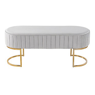 Glamorous and confidently contemporary: That's the Demi Pleated Bench by LumiSource. Featuring a geometric gold frame and an elegant velvet upholstered seat with vertical pleating, this bench can be used in an entryway or as extra seating. Available in various colors.Made with velvet fabric, metal, engineered wood and foam | Velvet upholstery | Padded seat | Sleek gold metal frame | Vertical pleating | Seats 2 comfortably | Contemporary/glam styling | Assembly required | Imported