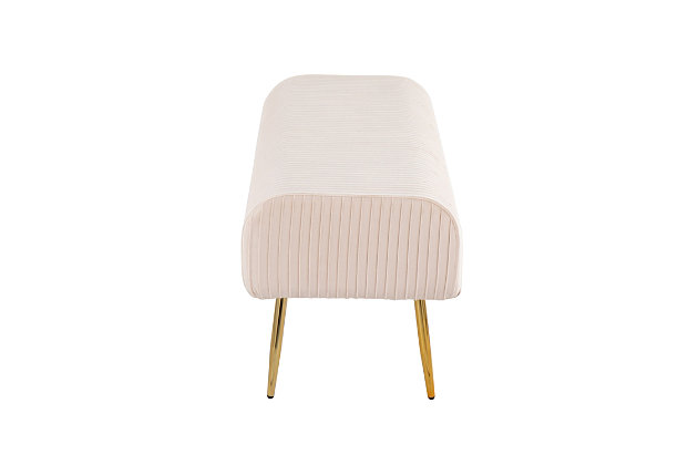 Bring a note of glamour to your home with the chic design of the Marla Pleated Bench by LumiSource. This bench features luxuriously soft pleated velvet and chic goldtone metal legs. This bench can be used in an entryway or as extra seating. Available in a variety of colors.Made with velvet fabric, metal, engineered wood and foam | Velvet upholstery | Padded seat | Sleek goldtone metal legs | Vertical pleating | Seats 2 comfortably | Contemporary/glam styling | Assembly required | Imported