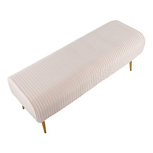 Bring a note of glamour to your home with the chic design of the Marla Pleated Bench by LumiSource. This bench features luxuriously soft pleated velvet and chic goldtone metal legs. This bench can be used in an entryway or as extra seating. Available in a variety of colors.Made with velvet fabric, metal, engineered wood and foam | Velvet upholstery | Padded seat | Sleek goldtone metal legs | Vertical pleating | Seats 2 comfortably | Contemporary/glam styling | Assembly required | Imported