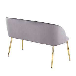 Enrich your bedroom, living room or entryway with the timeless style of the Fran Bench by Lumisource. Featuring a velvet upholstered bucket seat and sleek goldtone metal legs, it's the perfect addition to your home.Made with velvet fabric, metal, engineered wood and foam | Velvet upholstery | Padded seat | Goldtone metal legs | Backrest for added comfort | Seats 2 comfortably | Glam styling | Assembly required | Imported