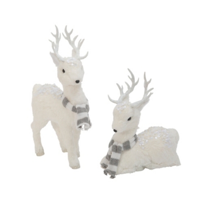 Christmas Standing And Lying Deer Figurine With Scarf (set Of 2), White