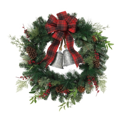 Christmas Mixed Pine Wreath With Red Berries, Bells, Cone, Cedar, Leaves And Bow, Green
