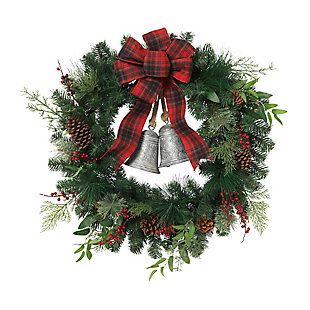 Christmas Mixed Pine Wreath With Red Berries, Bells, Cone, Cedar, Leaves And Bow, , rollover