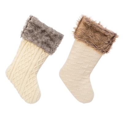 Christmas Knit Fabric Stocking With Faux Fur Cuff (set Of 2), White