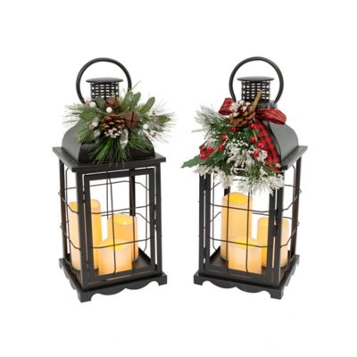 Battery Operated Metal Lantern with LED Candle - Crisscross