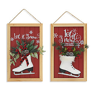 Christmas Wood Wall Sign With Skate & Floral Accents (set Of 2), , rollover