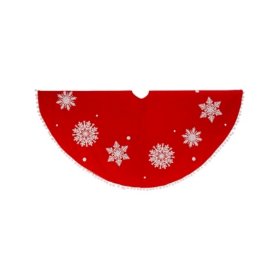 Christmas 48" Velvet Felt Pom Pom Snowflake Tree Skirt, , large