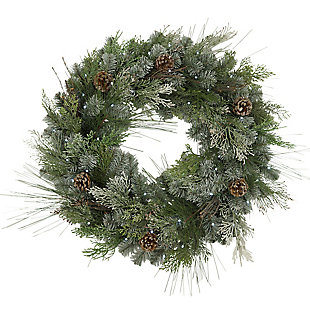 Christmas 32" Pre-lit Snowy Mixed Pine Wreath, , large