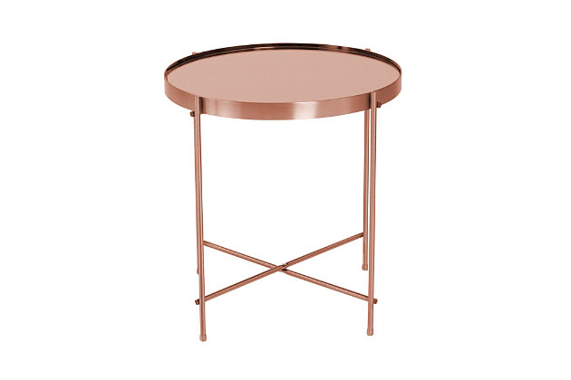 With a tinted, mirrored glass top and a plated, solid steel frame and legs, the Trinity side table is a shining example of beautiful, contemporary design. This versatile table features an easy foldable frame with a liftable tray top, allowing for easy storage. With a lustrous finish, this side table is at home in just about any room.Made with metal and mirrored glass | Tinted mirror top | Plated frame and legs | Easy foldable frame with liftable tray top | Assembly required