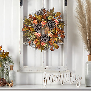 22" Autumn Hydrangea, Dried Lotus Pod Artificial Fall Wreath, , rollover